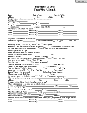 Theft/Fire Affidavit Statement of Loss