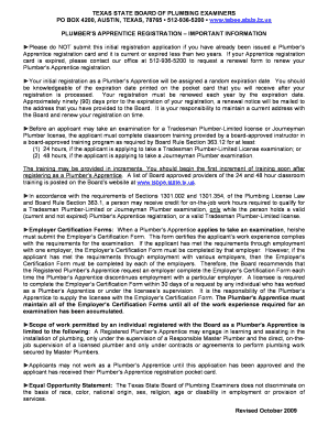 Texas Plumber's Apprentice Registration Application