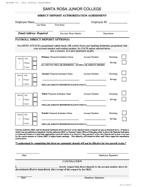 Chase bank authorization form - Payroll bDirect Depositb - Santa Rosa Junior College - santarosa