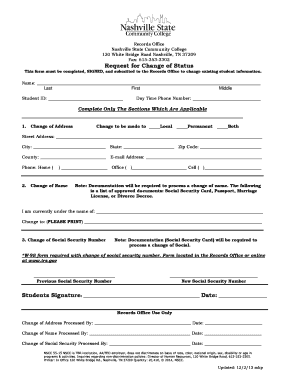 Nashville State Community College Change of Status Form