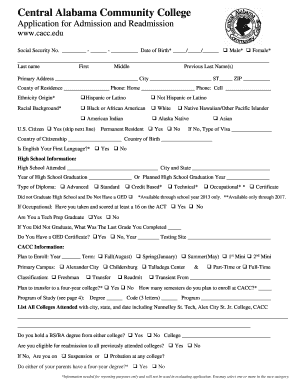 Central Alabama Community College Application for Admission and Readmission