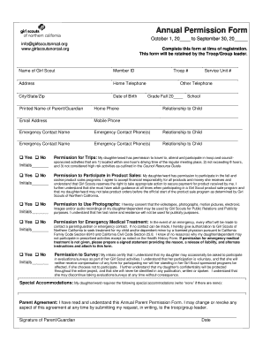 Girl Scouts Annual Permission Form