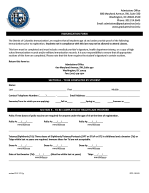 District of Columbia Student Immunization Form