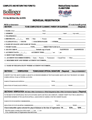 Amateur Softball Association Medical/Dental Accident Claim Form