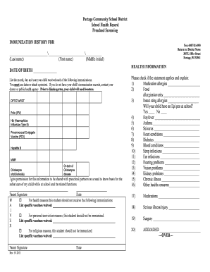 Preschool Screening Health Record
