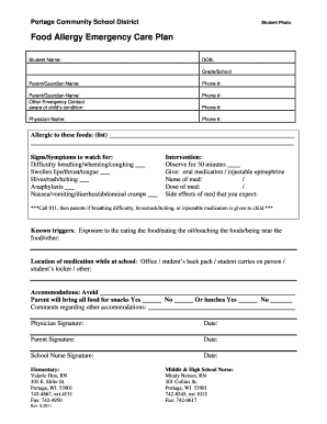 Student Food Allergy Emergency Care Plan