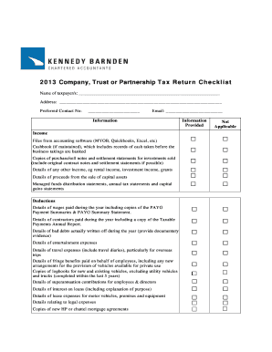2013 Company Trust Partnership Tax Return Checklist