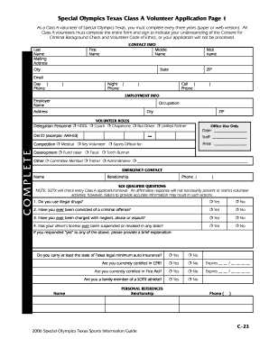 Special Olympics Texas Class A Volunteer Application