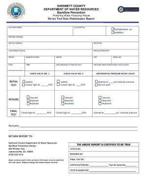 Gwinnett County Backflow Prevention Test Report
