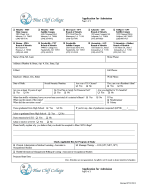 Blue Cliff College Application for Admission