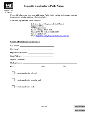 US Army Corps of Engineers Unsubscribe Request Form