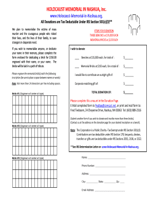 Charity form for taxes - Brick Donation Form--IRS Tax Exempt-revised Nov - nhholocaustmemorial