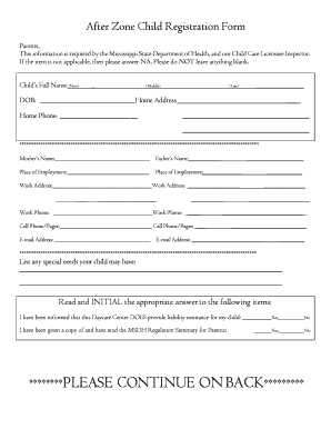 After Zone Child Registration Form