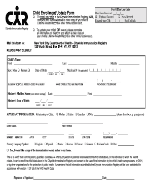 New York City Child Immunization Registry Enrollment Form