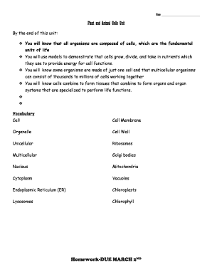 Plant and Animal Cells Unit Homework