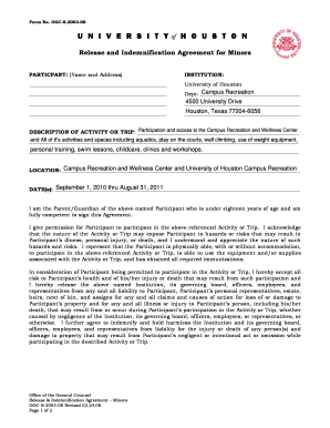 University of Houston Minor Release and Indemnification Agreement