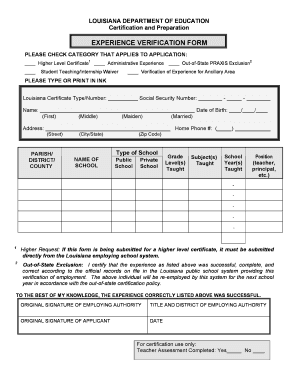 Experience Verification Form - New Orleans Catholic Schools - ocs arch-no