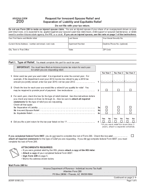 Arizona Form 200 Request for Innocent Spouse Relief