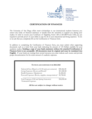 University of San Diego Certification of Finances