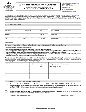Montana State University-Billings Verification Worksheet