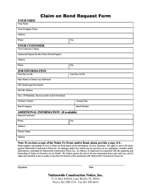 Claim on Bond Request Form