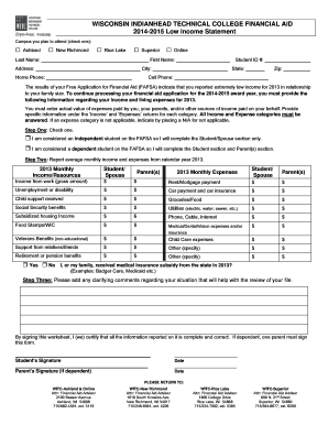 Wisconsin Indianhead Technical College Financial Aid Low Income Statement