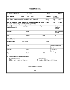 Student Profile Form for Residential Placement