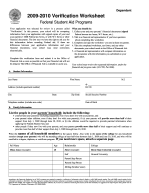 2009-2010 Verification Worksheet for Federal Student Aid