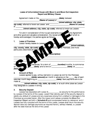 Unfurnished House Lease Agreement with Inspection Report and Military Clause