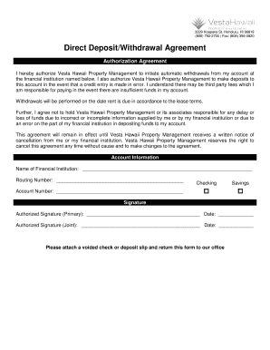 Direct Deposit Withdrawal Agreement