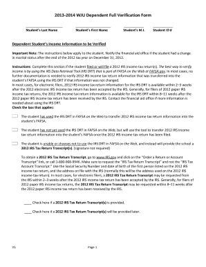 2013-2014 WJU Dependent Verification Form