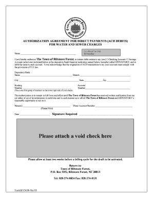 Authorization Agreement for Direct Payments (ACH Debits) for Water and Sewer Charges