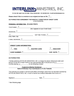 Authorization Agreement for Monthly Donation by Credit Card