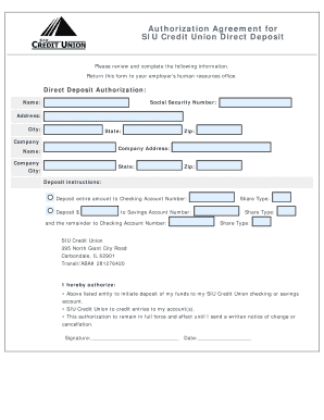 SIU Credit Union Direct Deposit Authorization Agreement