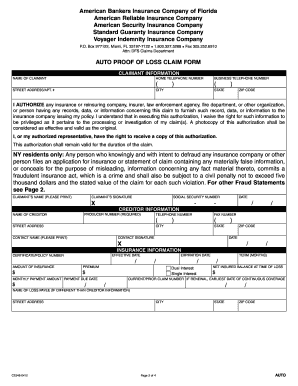 Auto Proof of Loss Claim Form