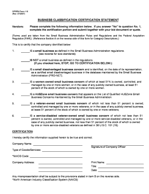 OPRPM Form 115 Business Classification Certification Statement