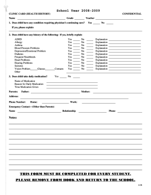 School Health History Form