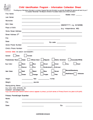 Child Identification Program Information Collection Sheet