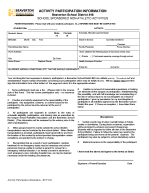 Beaverton School District Activity Participation Form