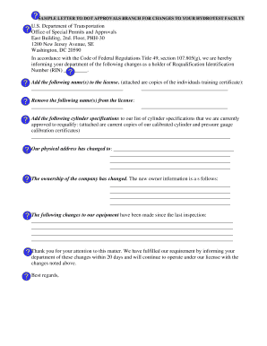 SAMPLE LETTER TO DOT APPROVALS BRANCHFOR CHANGES TO YOUR HYDROTEST FACILTY