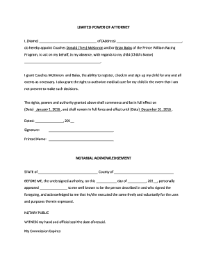 Limited Power of Attorney for Child's Racing Events