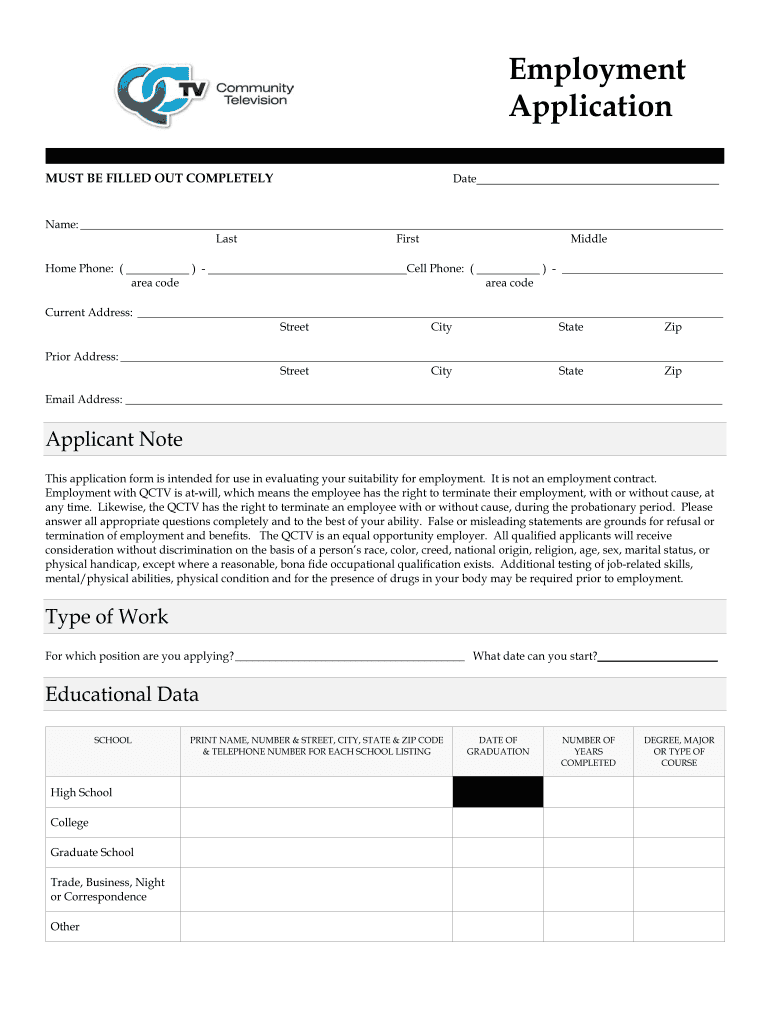 Fillable Online qctv Employment Application Quad Cities Community Television Fax Email Print
