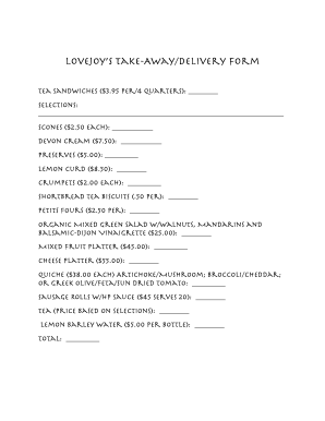Lovejoy’s Take-Away/Delivery Form