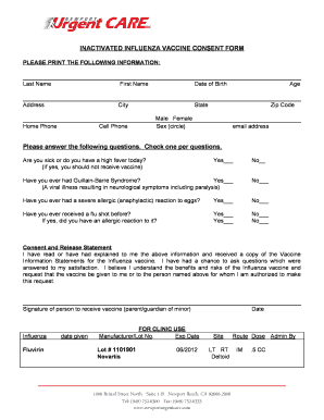 Inactivated Influenza Vaccine Consent Form