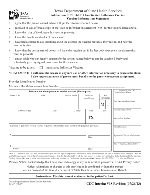 Texas Influenza Vaccine Consent Form
