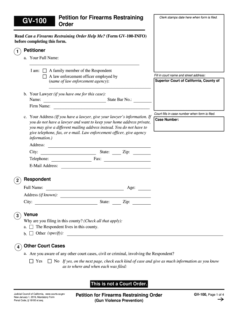 GV-100 Petition for Firearms Restraining Order - courts ca Preview on Page 1