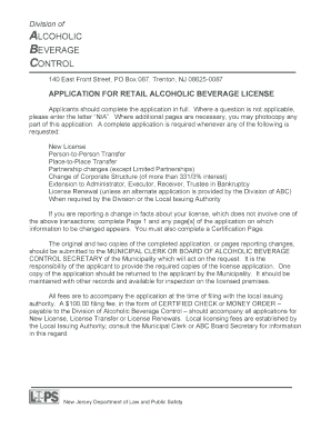 New Jersey Retail Alcoholic Beverage License Application