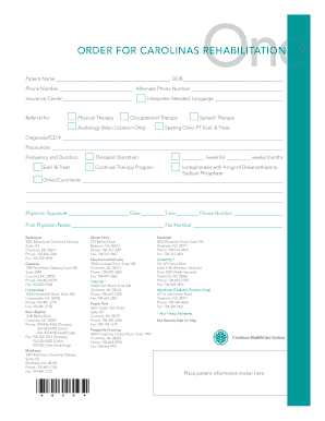 Carolinas Rehabilitation Physical Therapy Order Form