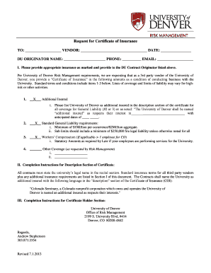Request for Certificate of Insurance