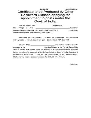 Certificate for Other Backward Classes